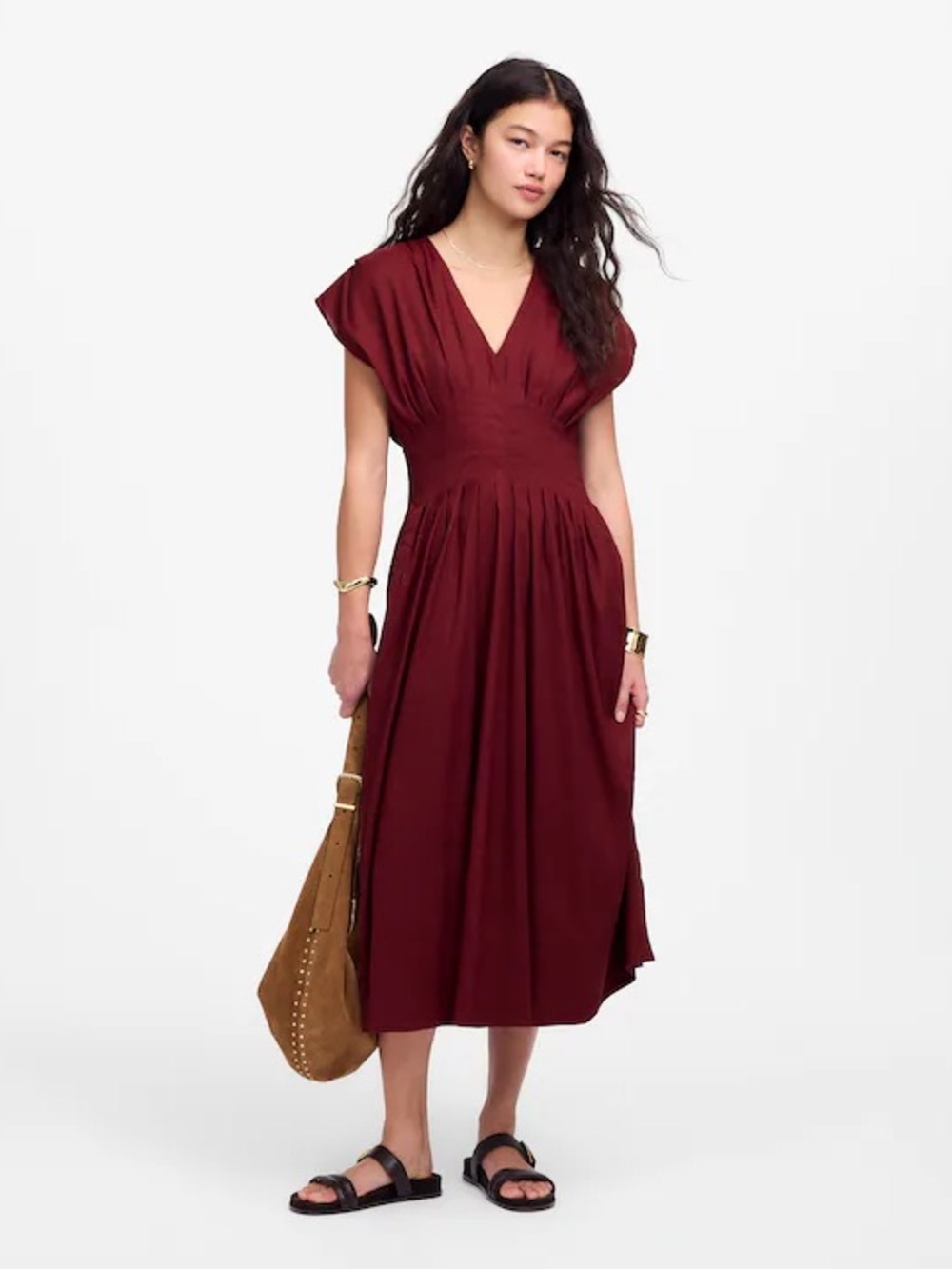 NWT Madewell Pleated V-Neck Midi Dress linen minimalist modern